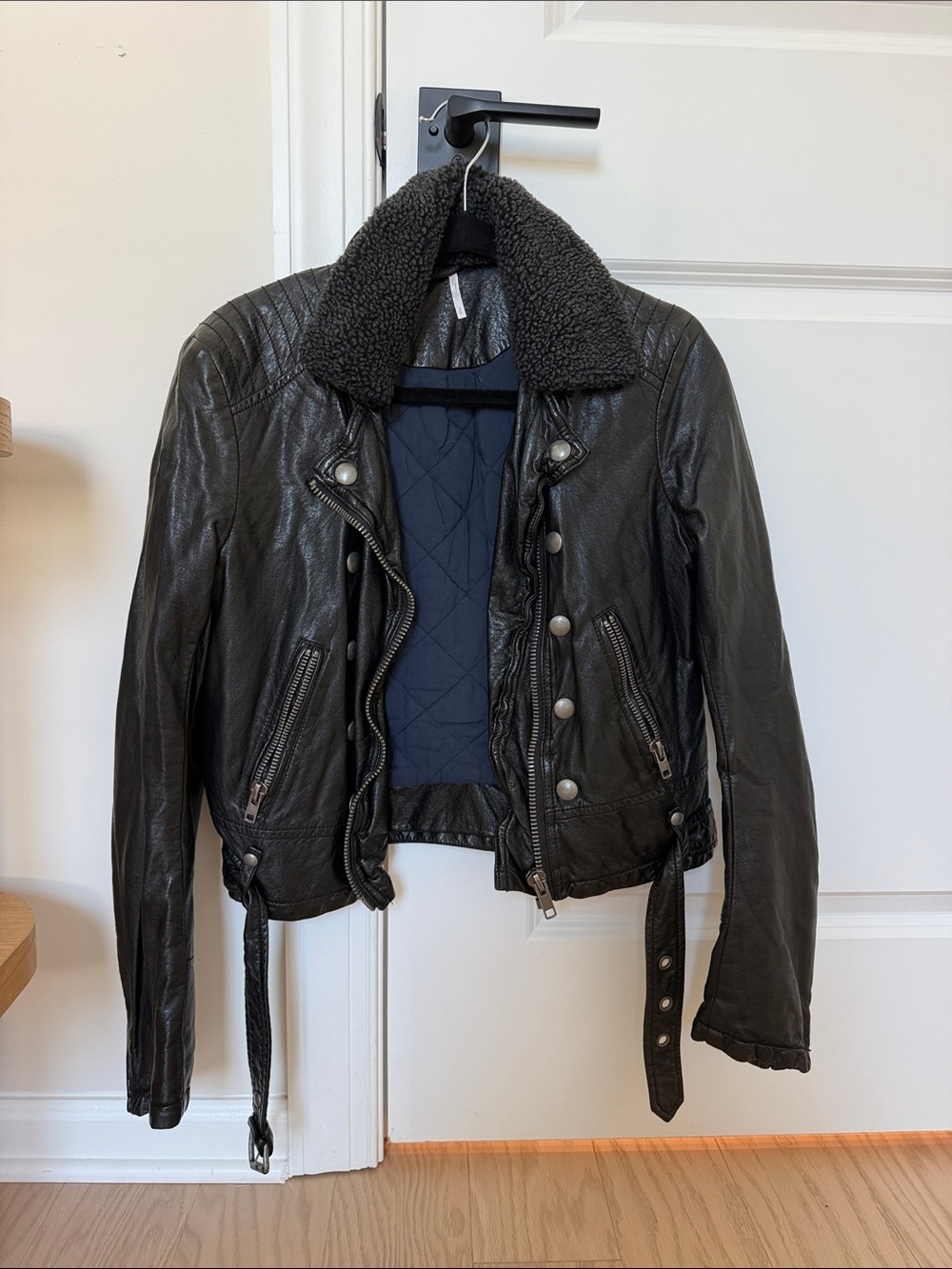 Free People Black Faux Leather Jacket with Removable Sherpa Collar